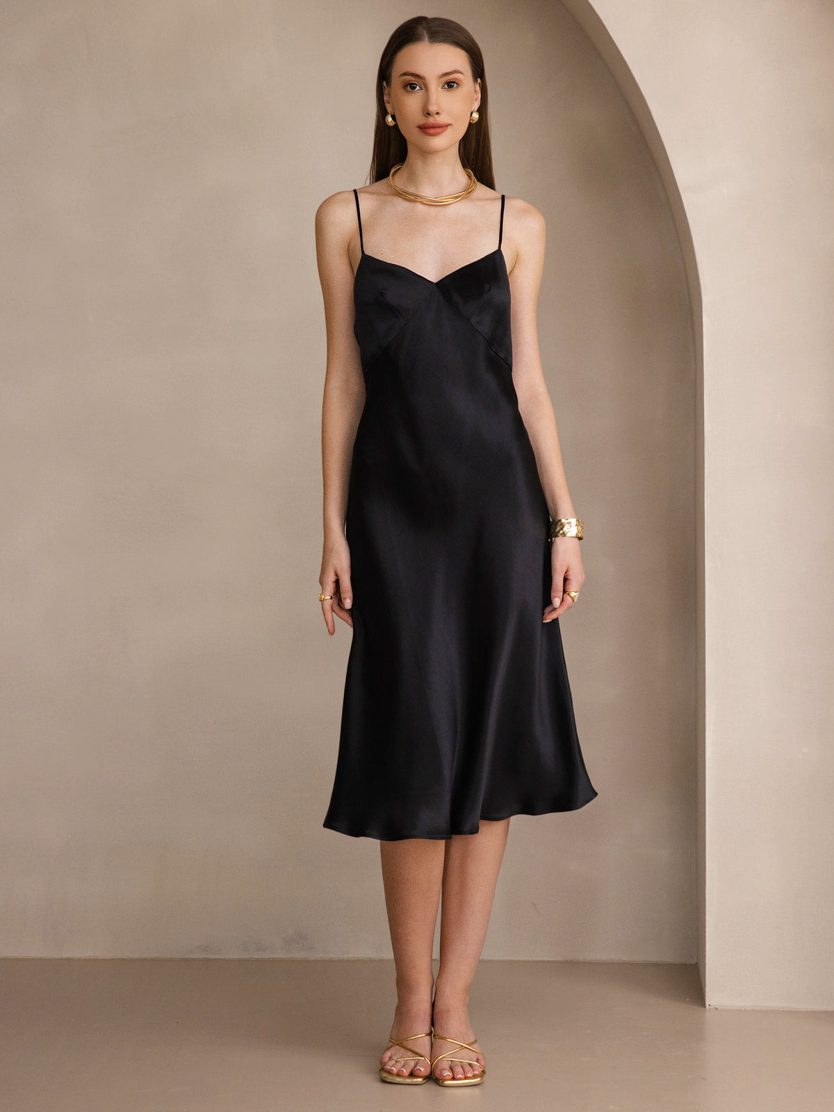 [Black] SilkSilky-AU 19Momme Pure Silk V Neck Dress 004