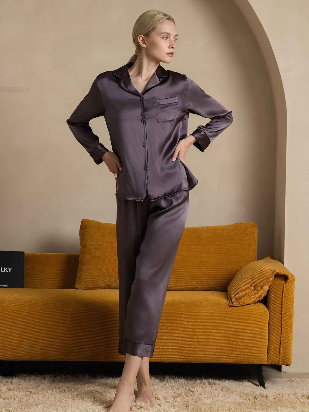 SilkSilky-AU Pure Silk Long Sleeve Lapel Women's Pyjamas PurpleGray 001