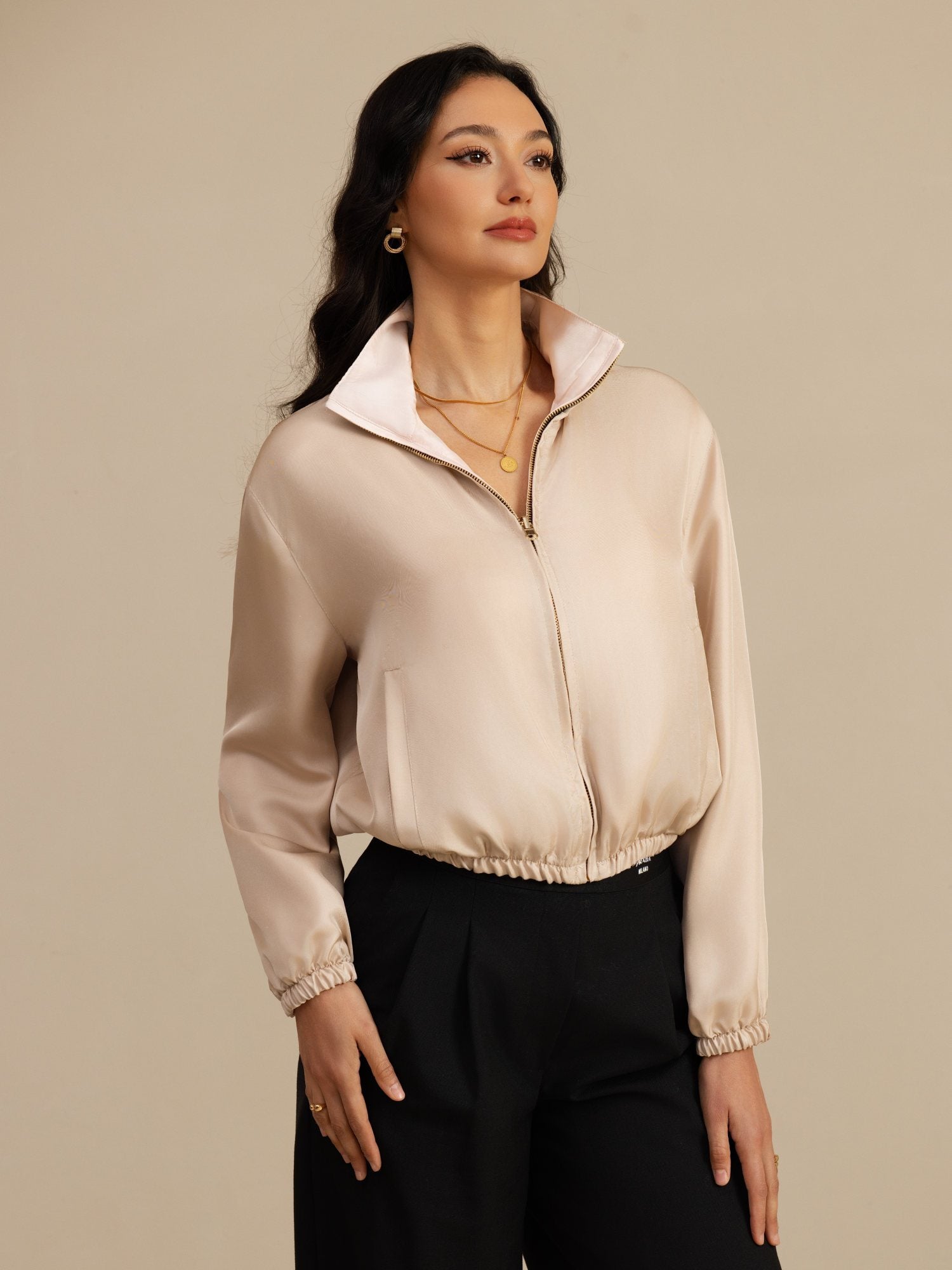 [Tan+Pink] SilkSilky-AU 18Momme Silk Satin Surah Long Sleeve Stand Collar Women's Outerwear 003