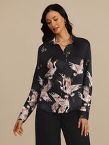 [Black] SilkSilky-AU 19Momme Long Sleeve Lapel Collar Women's Shirt 006