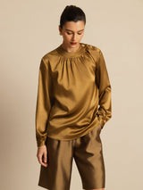 [Bronze] SilkSilky-AU 19Momme Stretch Silk Charmeuse Long Sleeve Round Neck Blouse 003