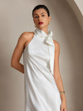 SilkSilky AU 19Momme Silk Sleeveless Tie Neck Dress White 003