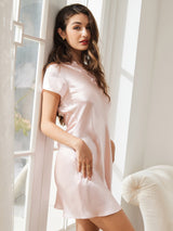 [Light Pink] SilkSilky-AU Short Sleeve V Neck Nightgown 004