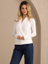 [White] SilkSilky-AU Long Sleeve Wrap Women's Blouse 004