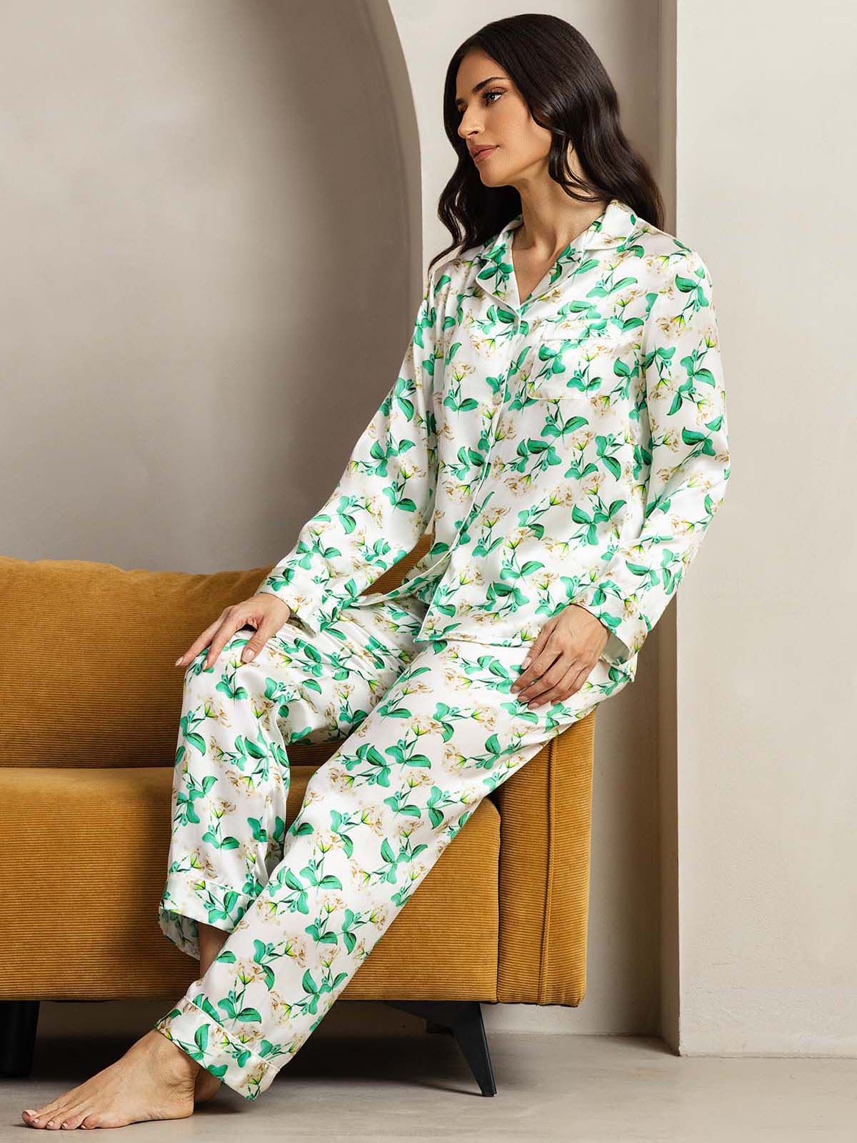 [Green Floral] SilkSilky-AU Pure Silk Womens Pajamas 004