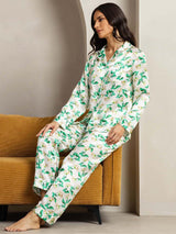 [Green Floral] SilkSilky-AU Pure Silk Notch Collar Women's Pyjamas 005,