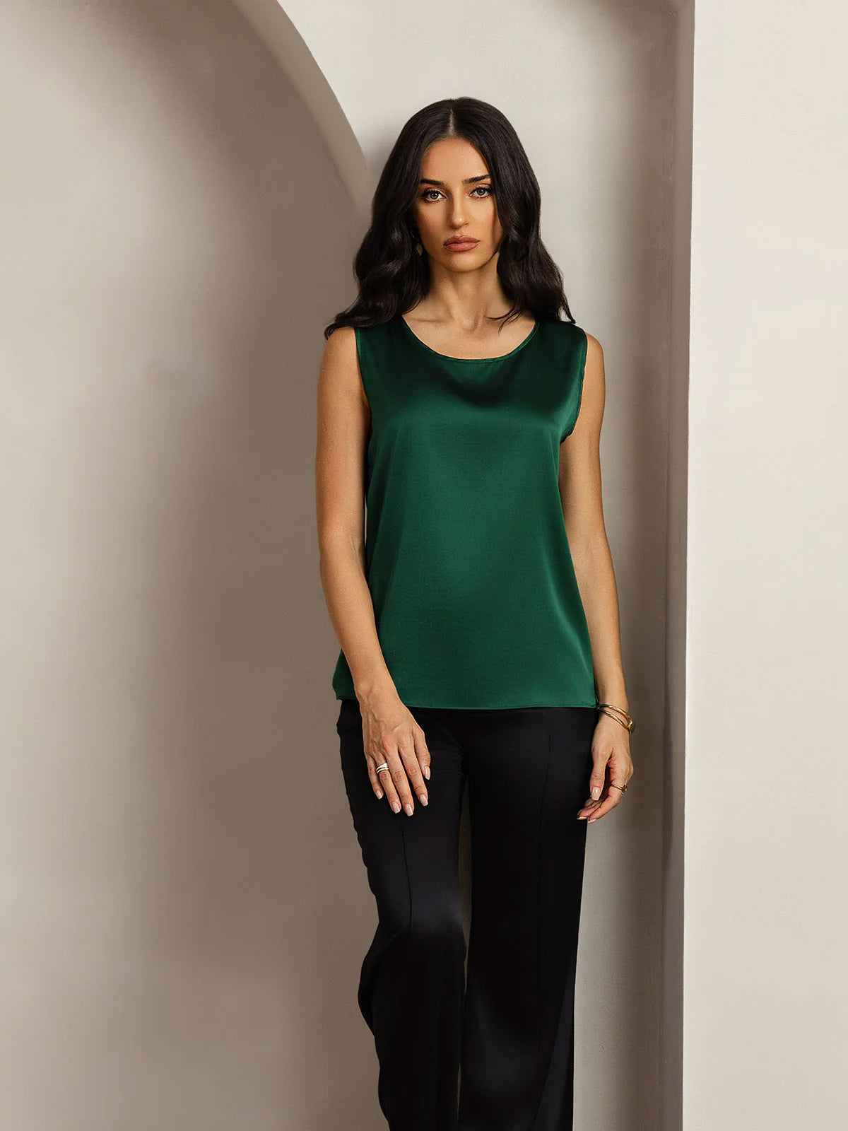 [Dark Green] SilkSilky-AU 19Momme Silk Round Neck Camisole 003