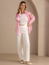 [Pink Pinstripe] SilkSilky-AU Long Sleeve Lapel Collar Women's Shirt 007
