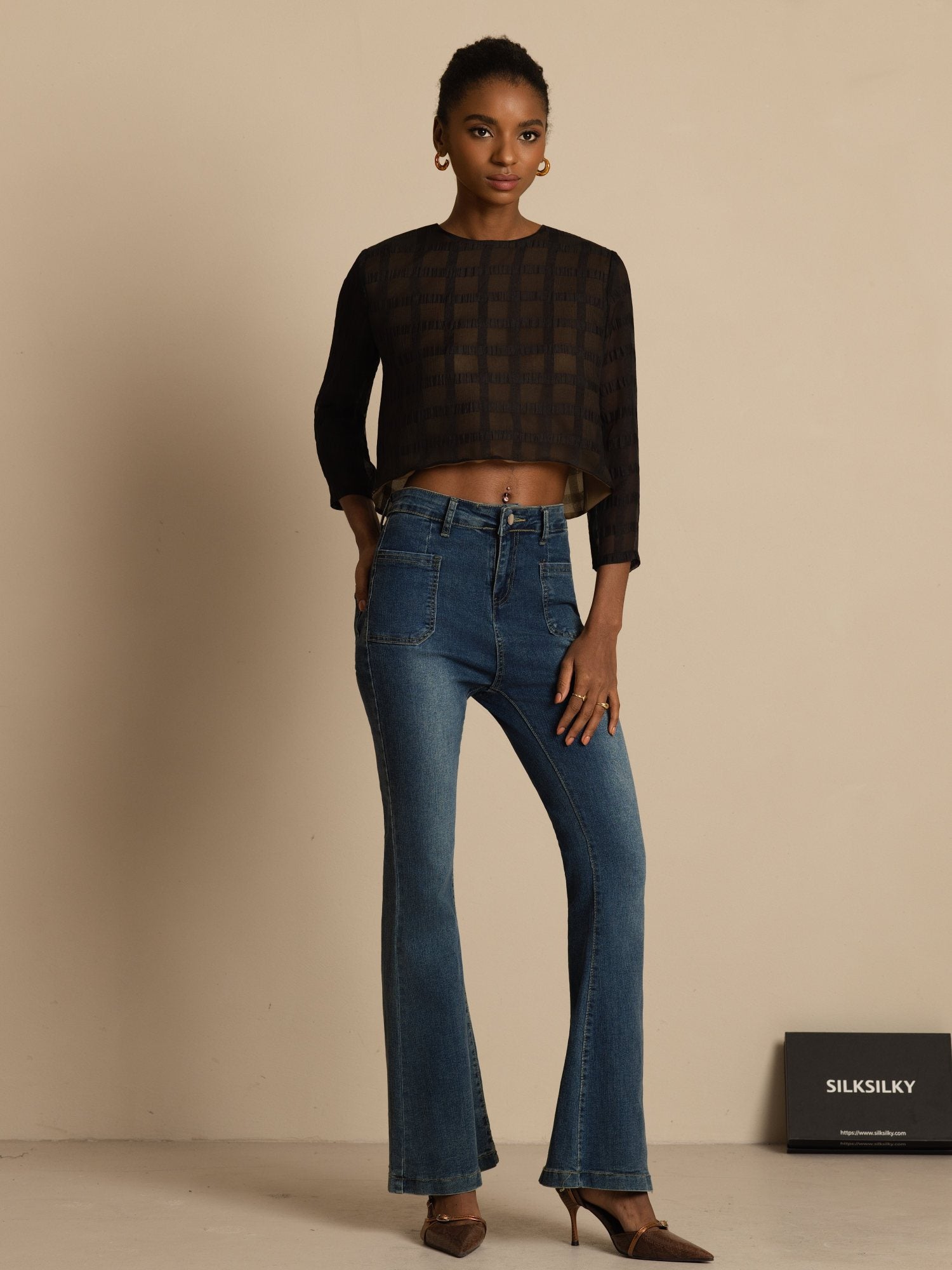 [Black] SilkSilky-AU Pure Silk Long Sleeve Round Neck Blouse 006