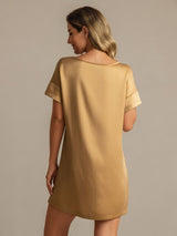 [Tan] SilkSilky-AU 19Momme Machine-Washable Silk Short Sleeve Round Neck Nightgown 002