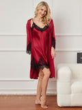 SilkSilky AU Pure Silk 3/4 Sleeve Nightgown&Robe Set DarkRed 005