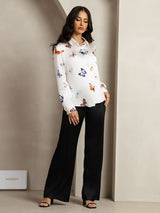 [White Butterfly] SilkSilky-AU Long Sleeve Lapel Collar Women's Shirt 007