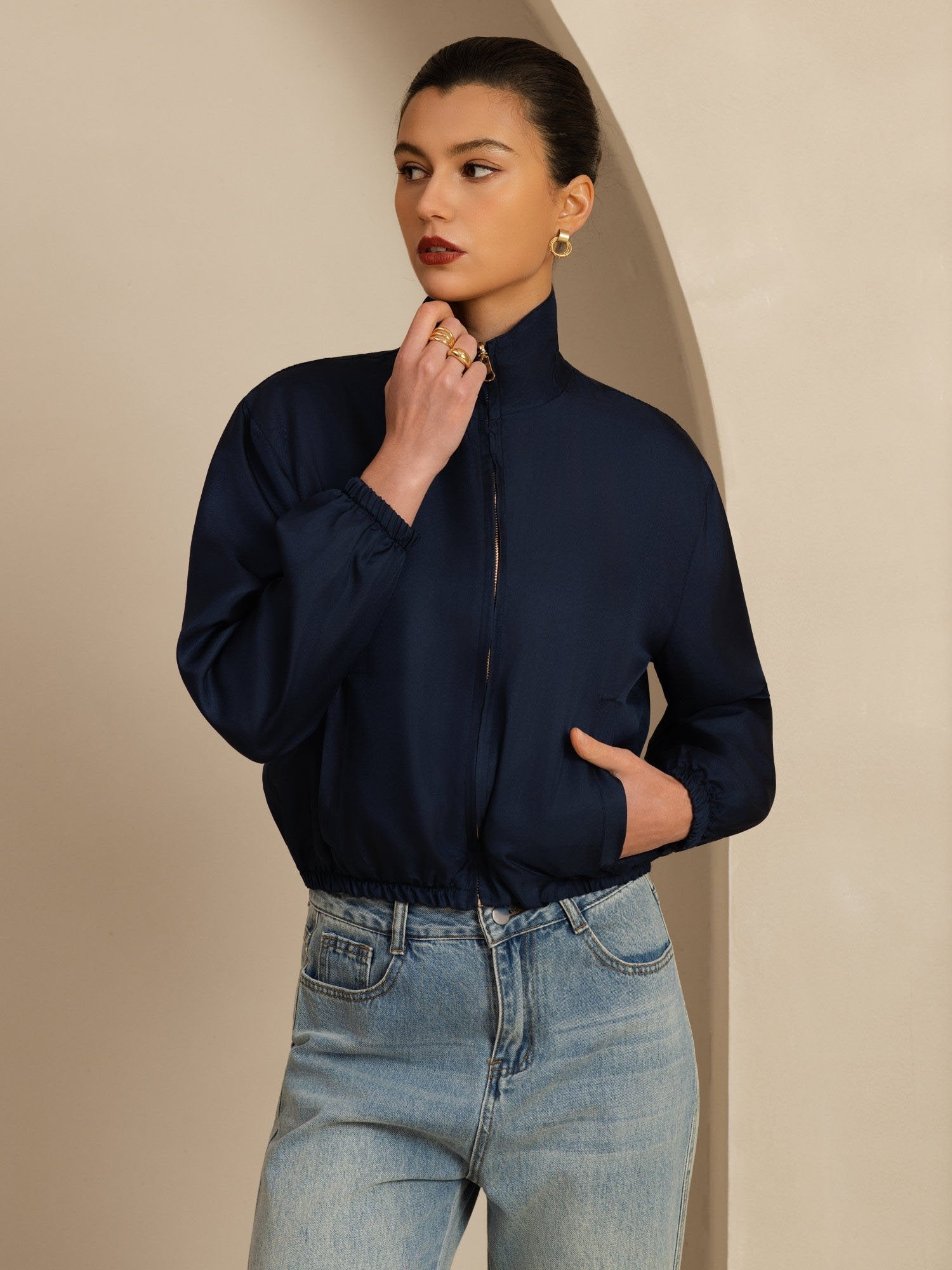 [Black+DarkBlue] SilkSilky-AU 18Momme Silk Satin Surah Long Sleeve Stand Collar Women's Outerwear 003