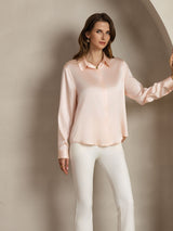 [Light Pink] SilkSilky-AU 19Momme Stretch Silk Charmeuse Long Sleeve Lapel Collar Women's Shirt 007