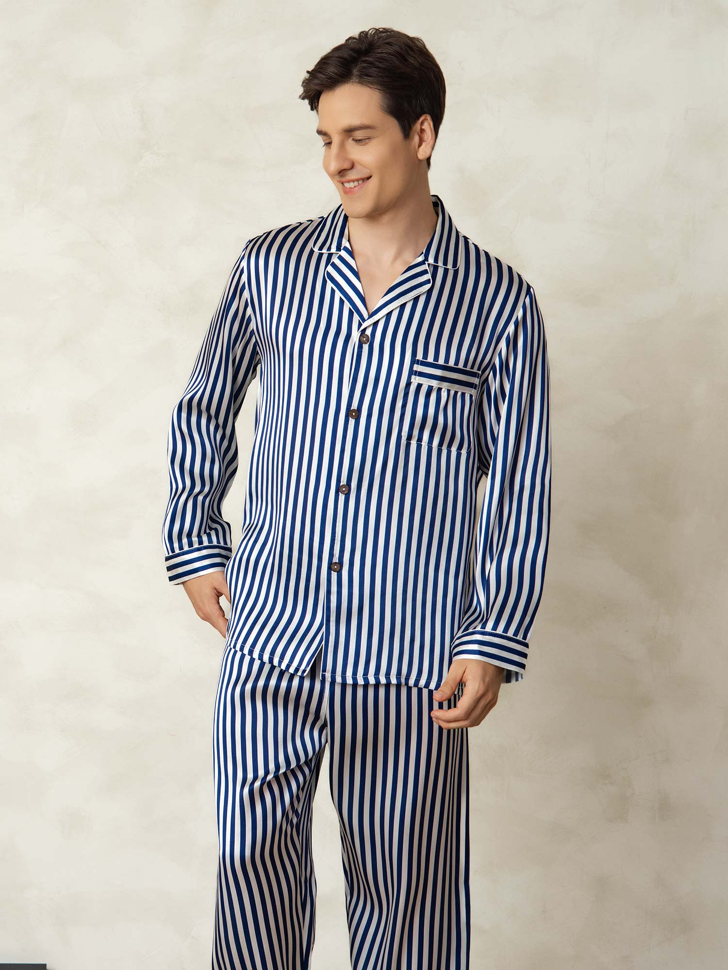 [Navy Stripe] SilkSilky-AU 19Momme Pure Silk Mens Pajamas 005