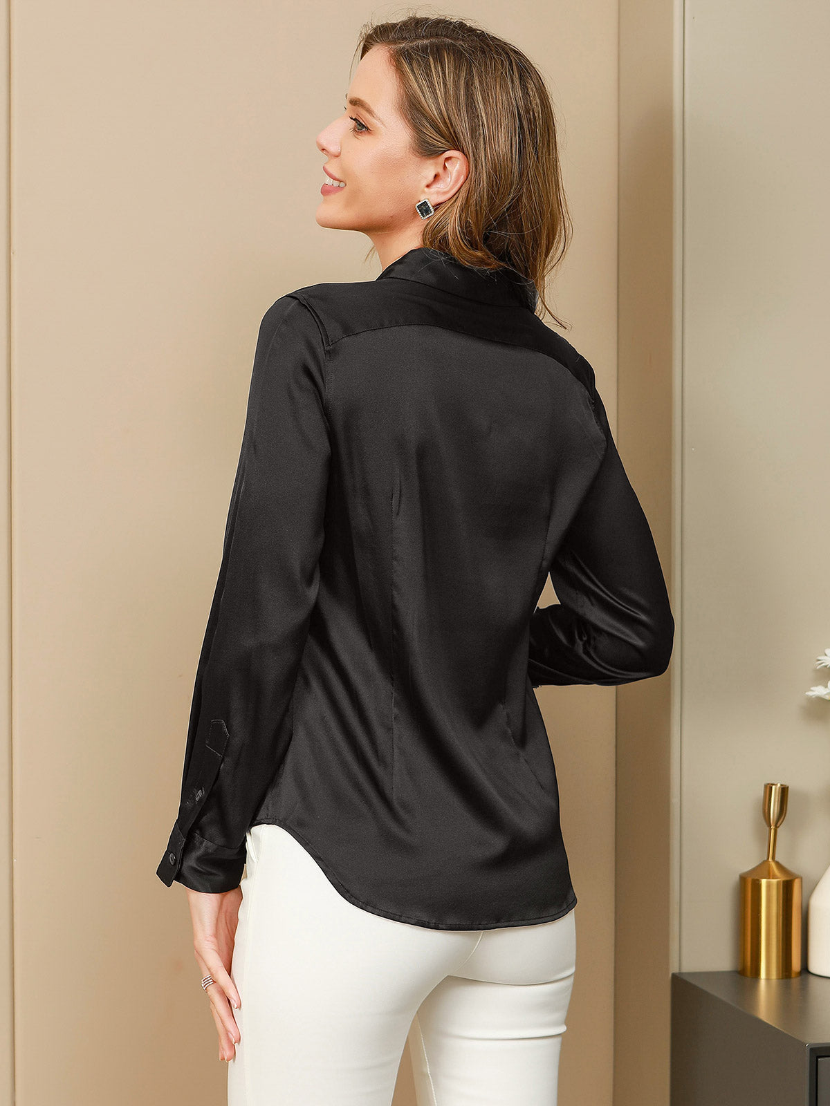 [Black] SilkSilky-AU Silk Long Sleeve Lapel Collar Women's Shirt 002
