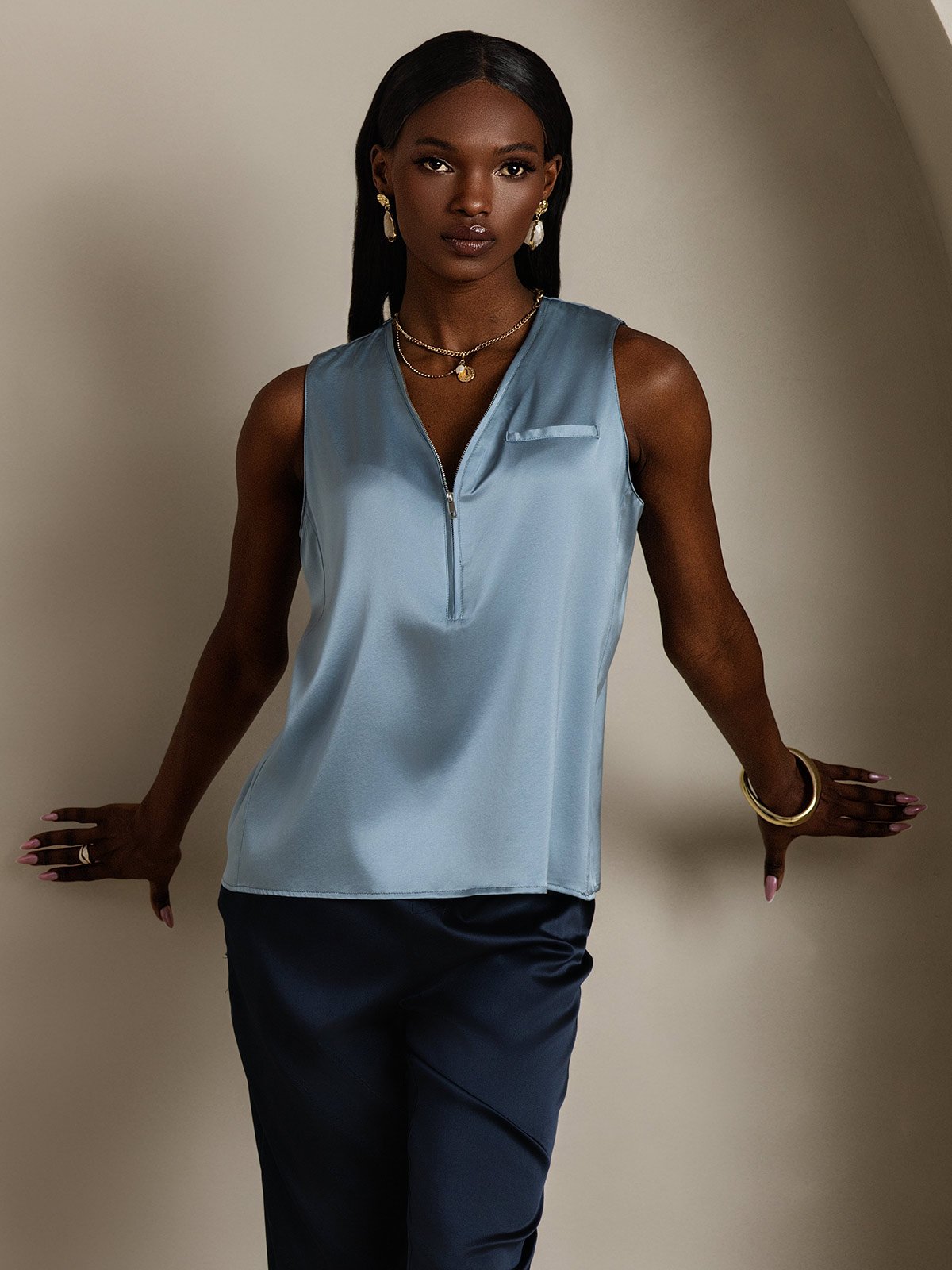 SilkSilky-AU 19Momme Silk Sleeveless V Neck Women's Shirt GrayishBlue 004