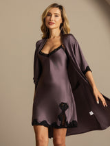 [Purple Gray] SilkSilky-AU Half Sleeve V Neck Nightgown&Dressing Gown Set 006