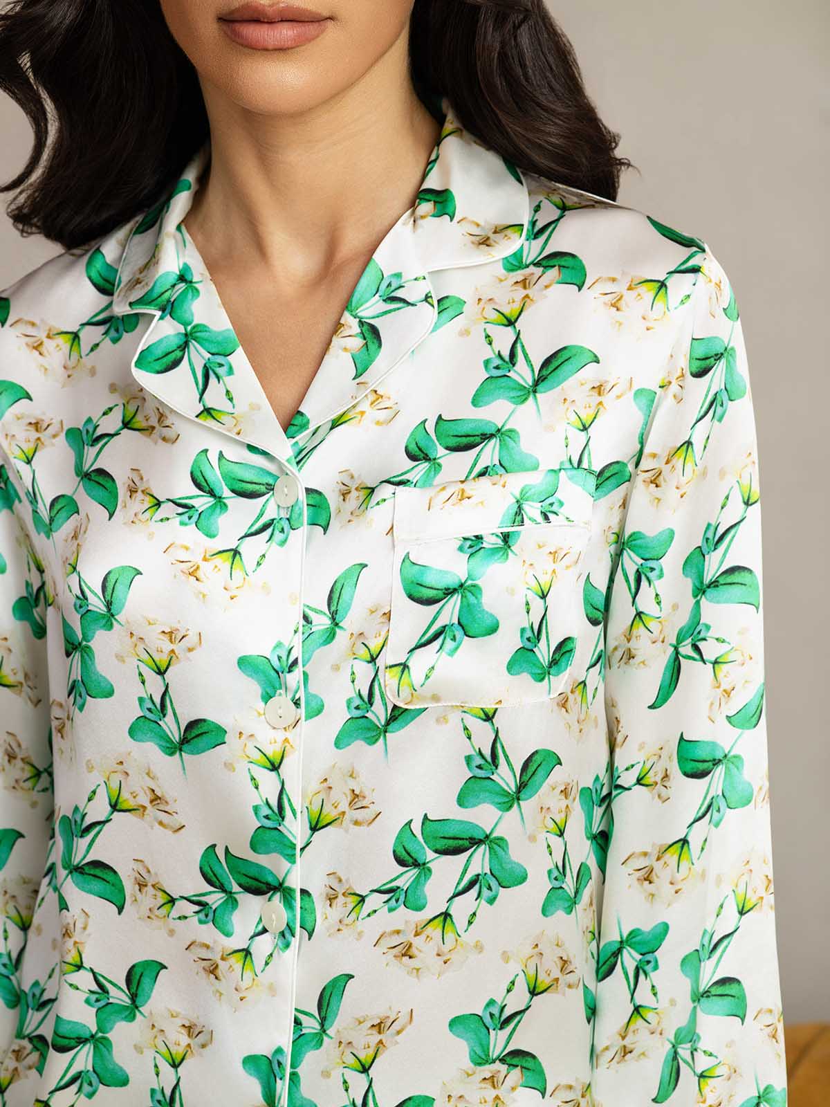 [Green Floral] SilkSilky-AU Pure Silk Womens Pajamas 007
