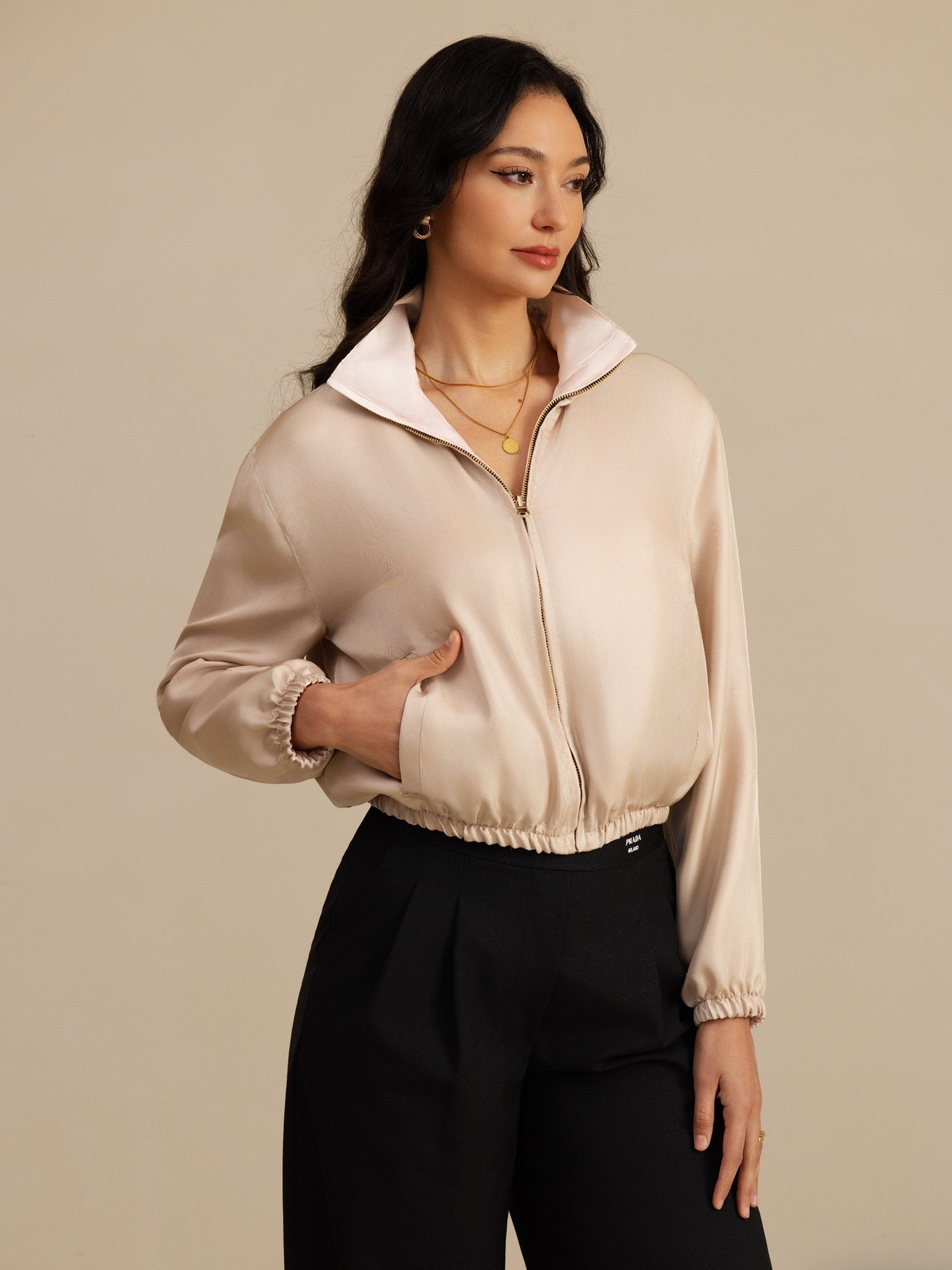 [Tan+Pink] SilkSilky-AU 18Momme Silk Satin Surah Long Sleeve Stand Collar Women's Outerwear 001