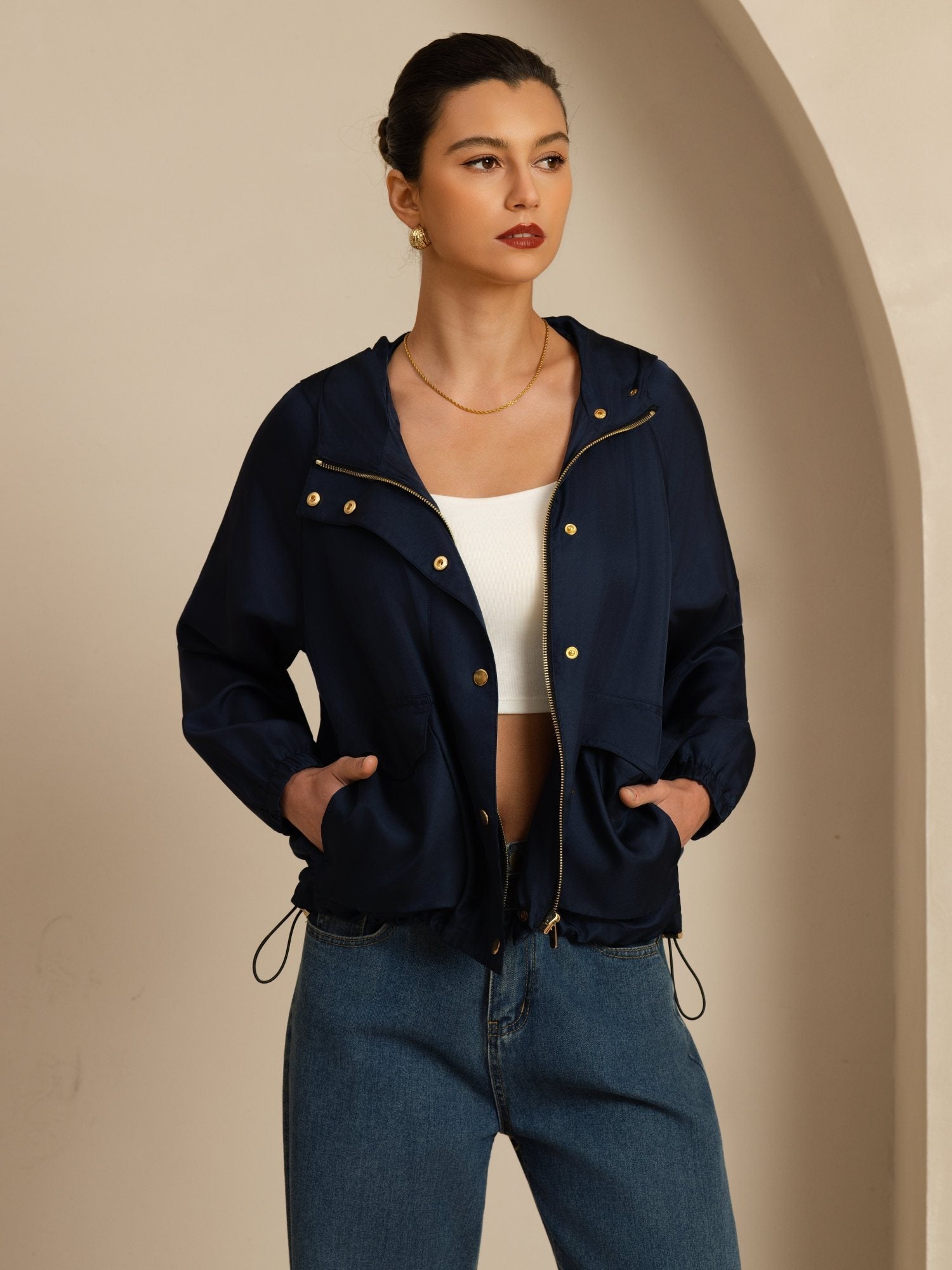 [DarkBlue] SilkSilky-AU Silk Satin Surah Long Sleeve High Neck Women's Outerwear 001