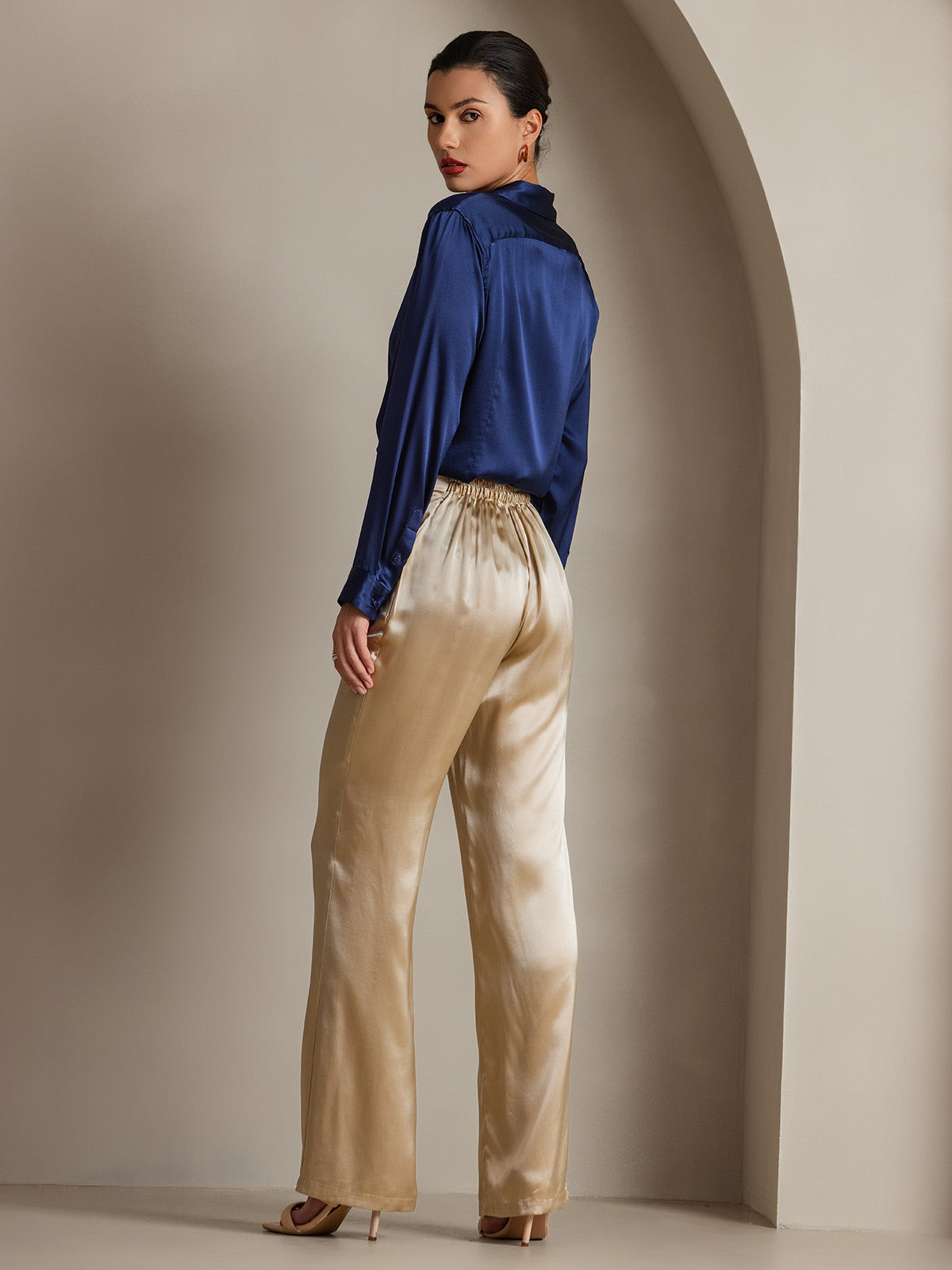 [Dark Blue] SilkSilky-AU Silk Long Sleeve Lapel Collar Women's Shirt 002