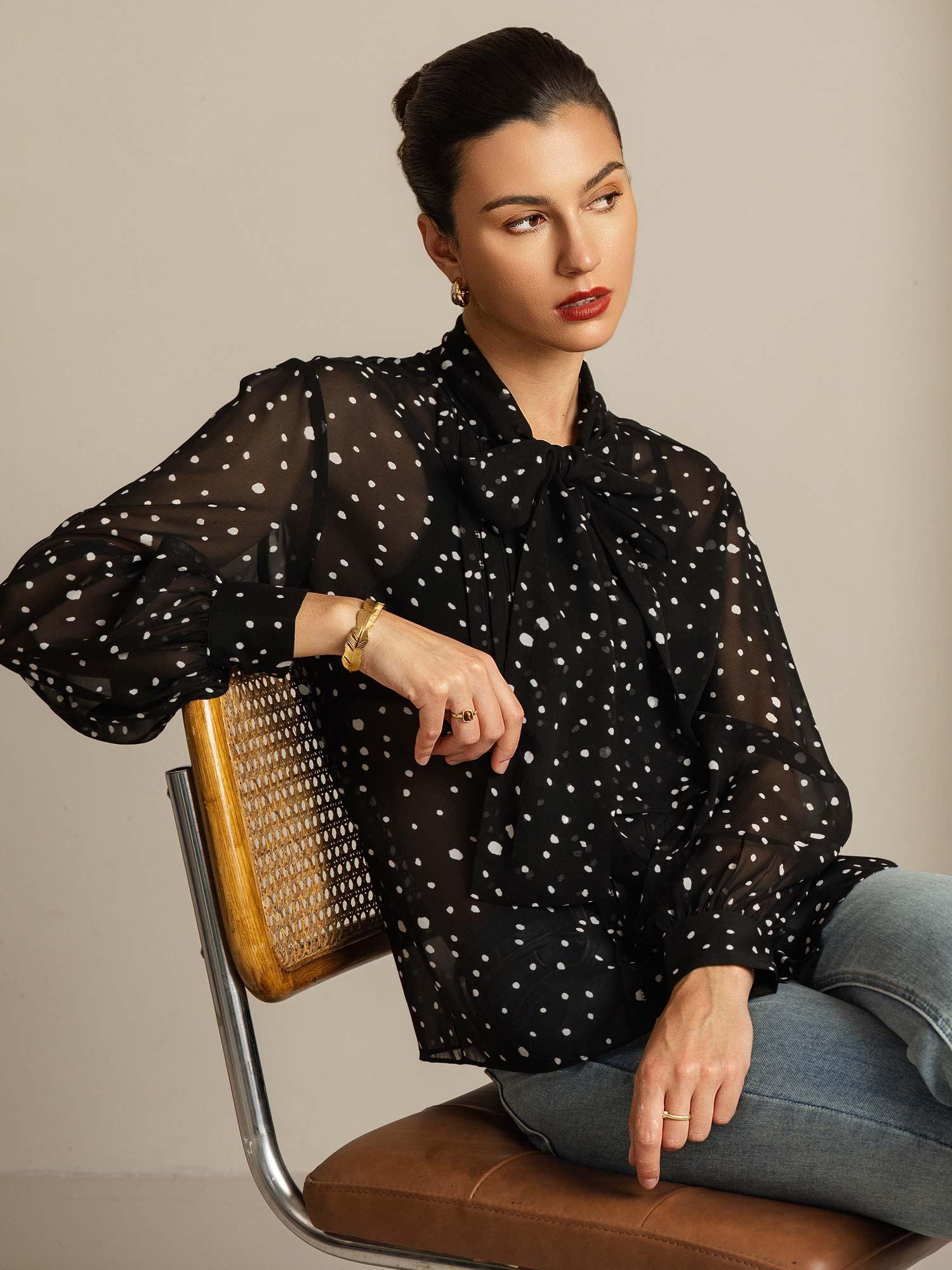 [PolkaDot] SilkSilky-AU Pure Silk Tie Neck Women's Shirt 008