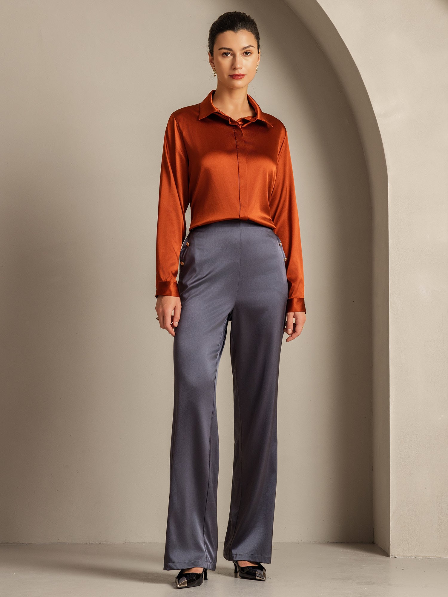 [Caramel] SilkSilky-AU 19Momme Silk Lapel Collar Women's Shirt 008