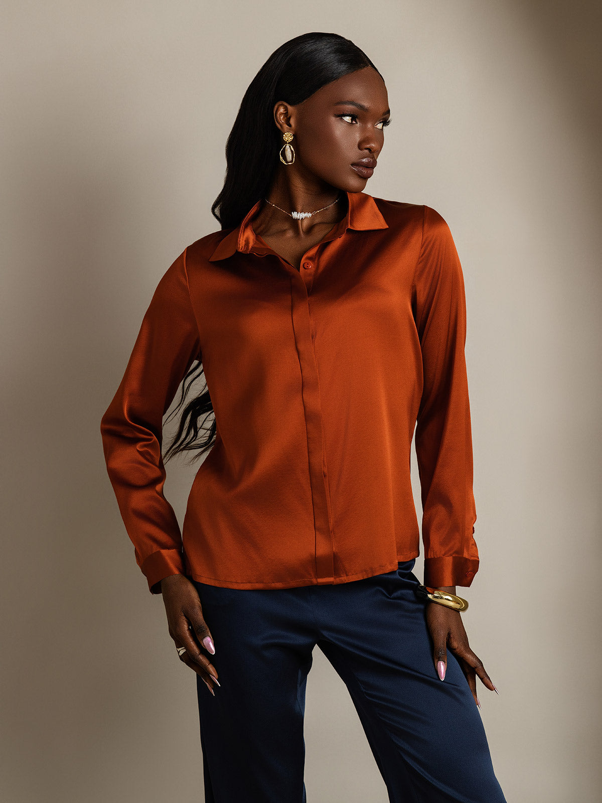 SilkSilky-AU 19Momme Silk Long Sleeve Collar Women's Shirt Caramel 001