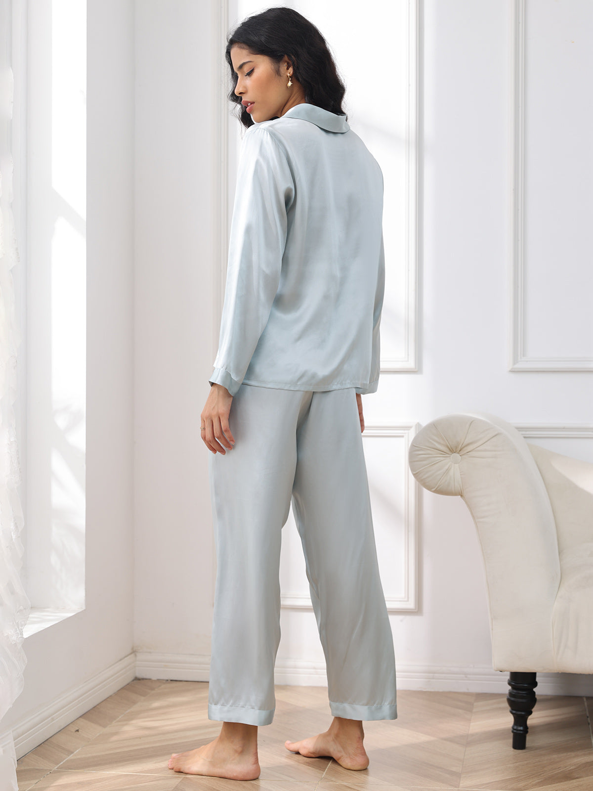 SilkSilky AU Pure Silk Long Sleeve Lapel Women's Pyjamas LightBlue 002