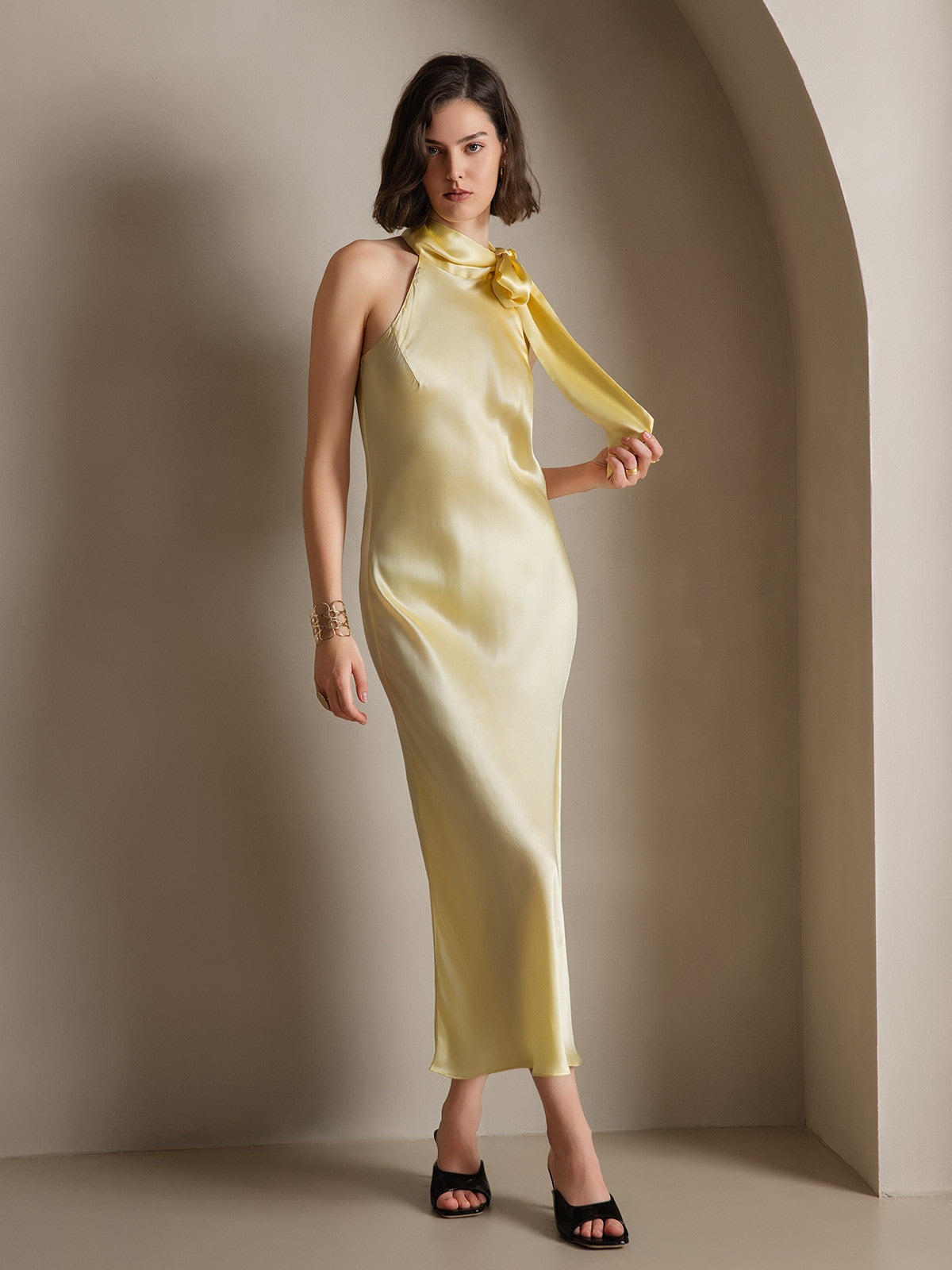 [Light Yellow] SilkSilky-AU 19Momme Silk Sleeveless Tie Neck Dress 006