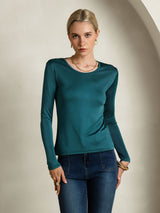 [Posy Green] SilkSilky-AU Silk Jersey Long Sleeve Round Neck Women's T-Shirt 004