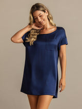 [Dark Blue] SilkSilky-AU 19Momme Machine-Washable Silk Short Sleeve Round Neck Nightgown 006