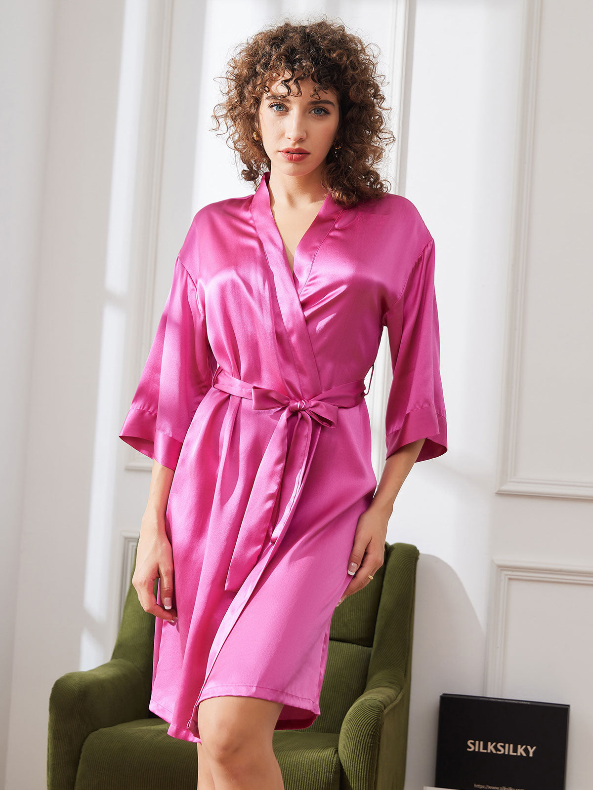 SilkSilky AU Pure Silk Half Sleeve Womens Robe RoseRed 003