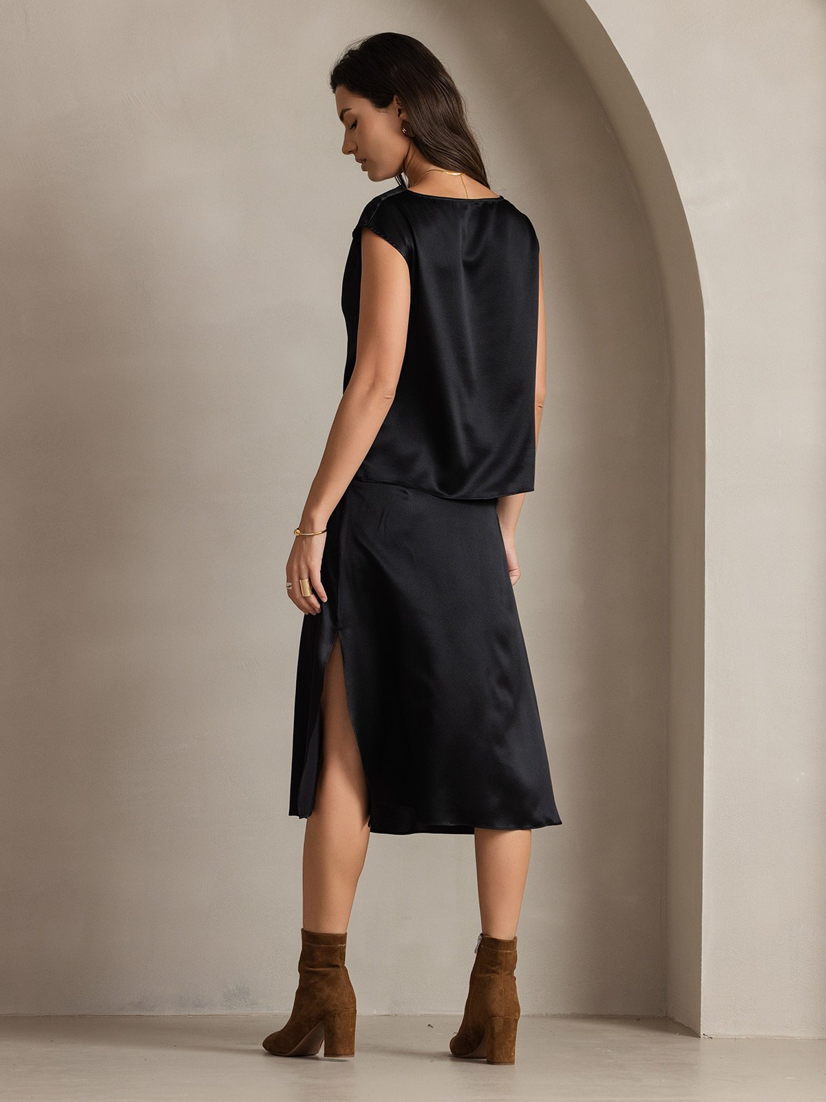 [Black] SilkSilky-AU 19Momme Silk Sleeveless Cowl Neck Women's T-Shirt 002