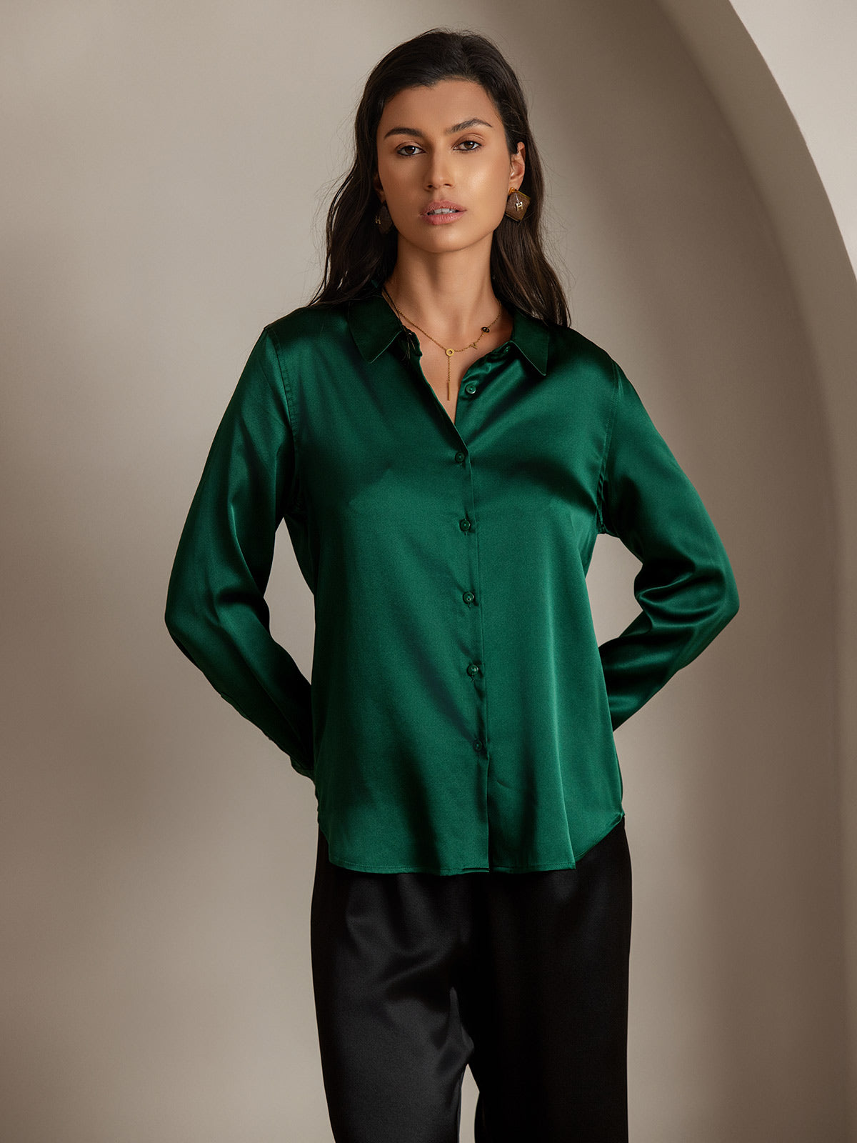[Dark Green] SilkSilky-AU Silk Long Sleeve Lapel Collar Women's Shirt 006