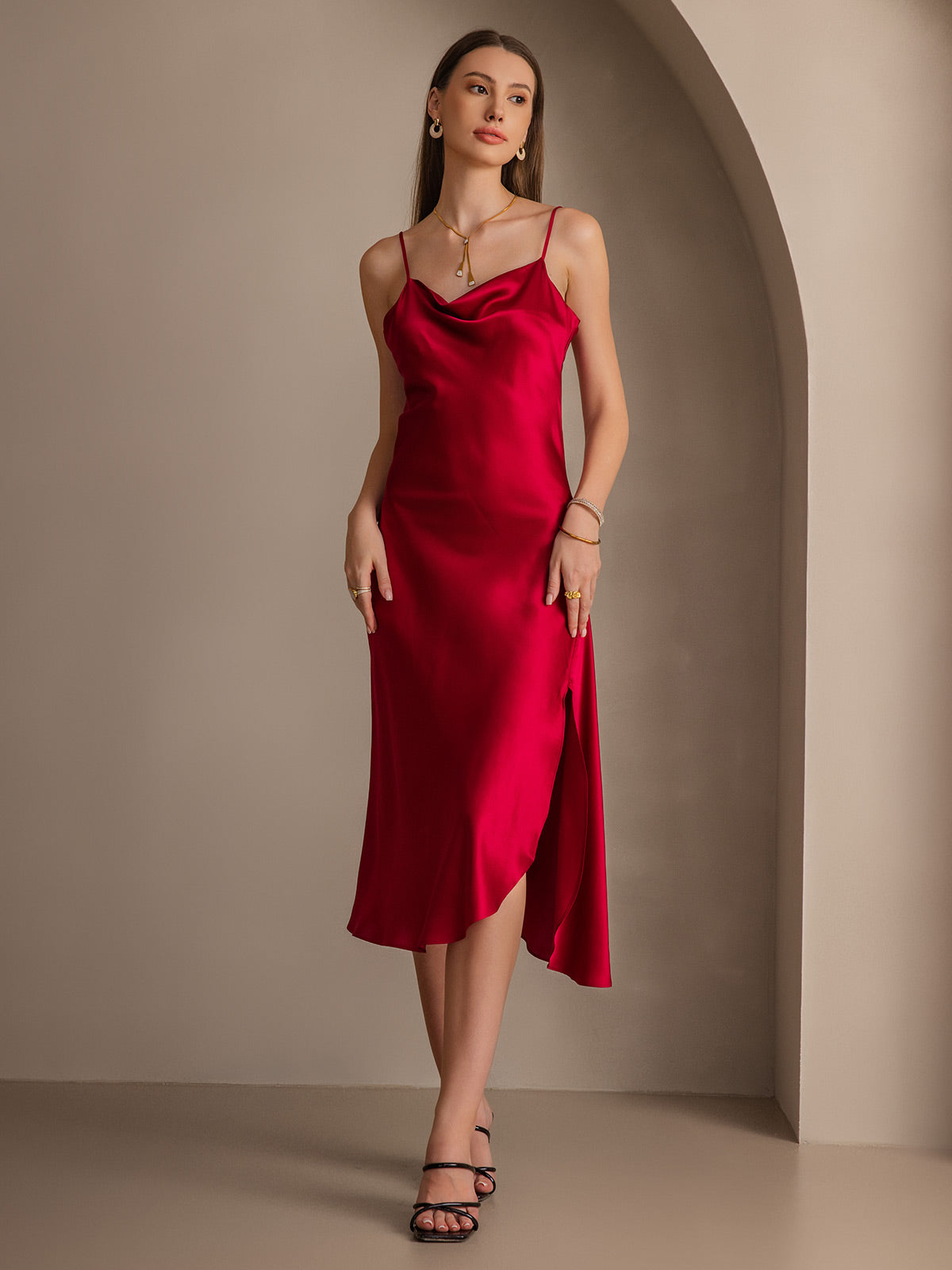 [Wine] SilkSilky-AU 19Momme Pure Silk Cowl Neck Dress 006