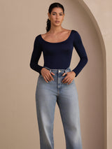 [Dark Blue] SilkSilky-AU Long Sleeve U Neck Women's T-Shirt 004