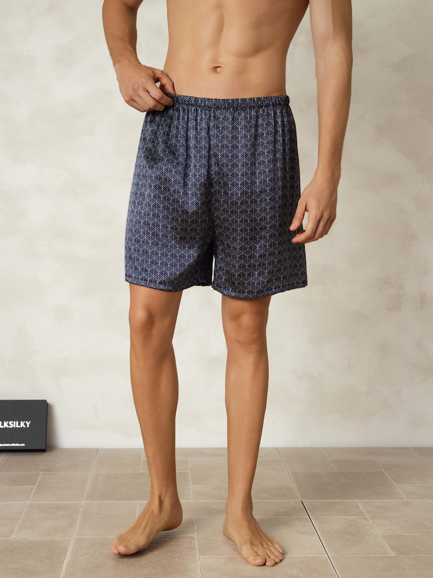 [Navy Ginkgo] SilkSilky-AU Pure Silk Mens Sleep Bottoms 001
