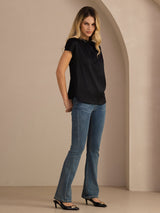 [Black] SilkSilky-AU Short Sleeve Split Women's Blouse 005