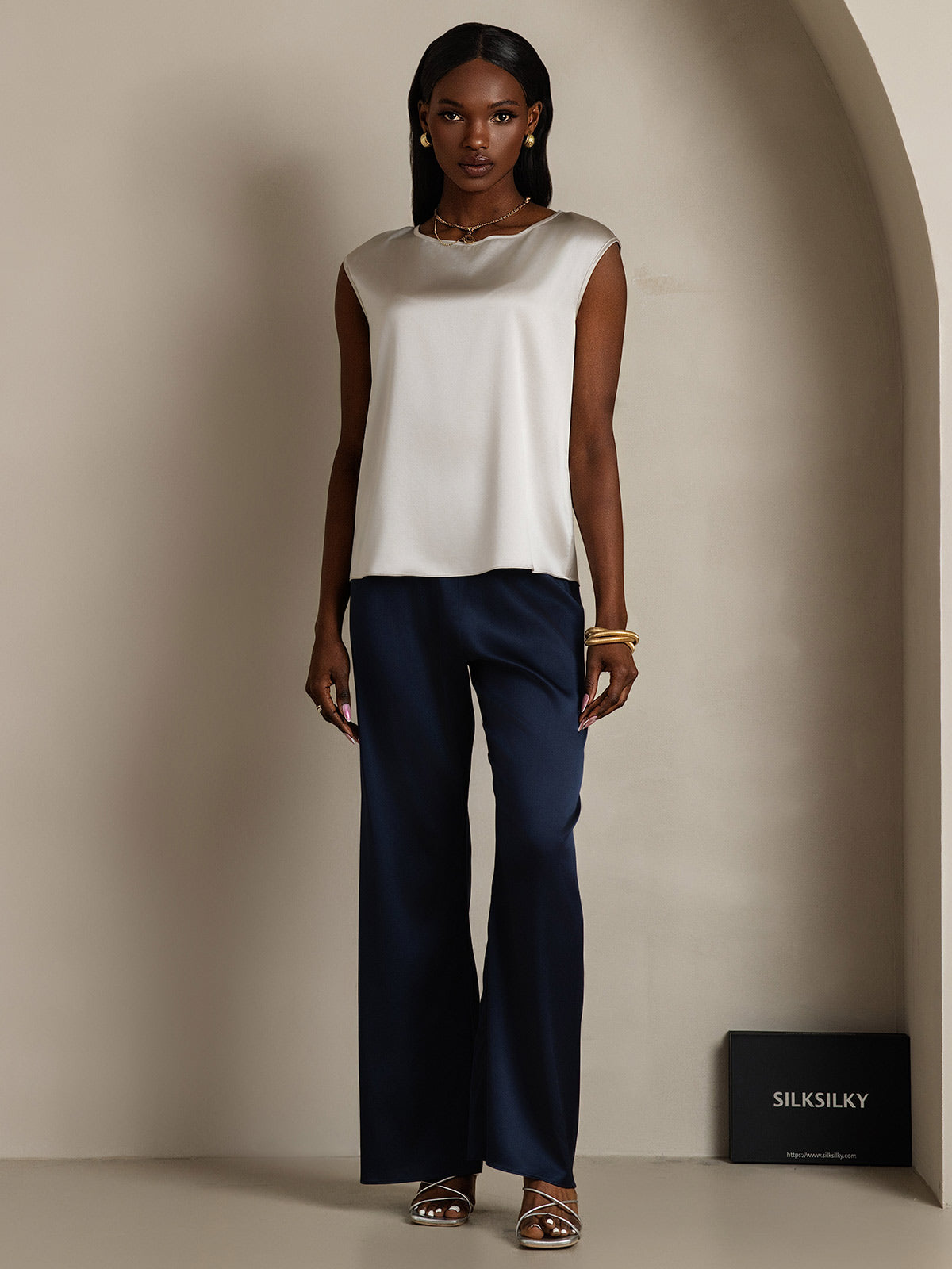 [Light Gray] SilkSilky-AU 19Momme Stretch Silk Charmeuse Cap Sleeve Round Neck Women's T-Shirt 005