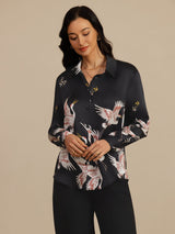 [Black] SilkSilky-AU 19Momme Long Sleeve Lapel Collar Women's Shirt 004