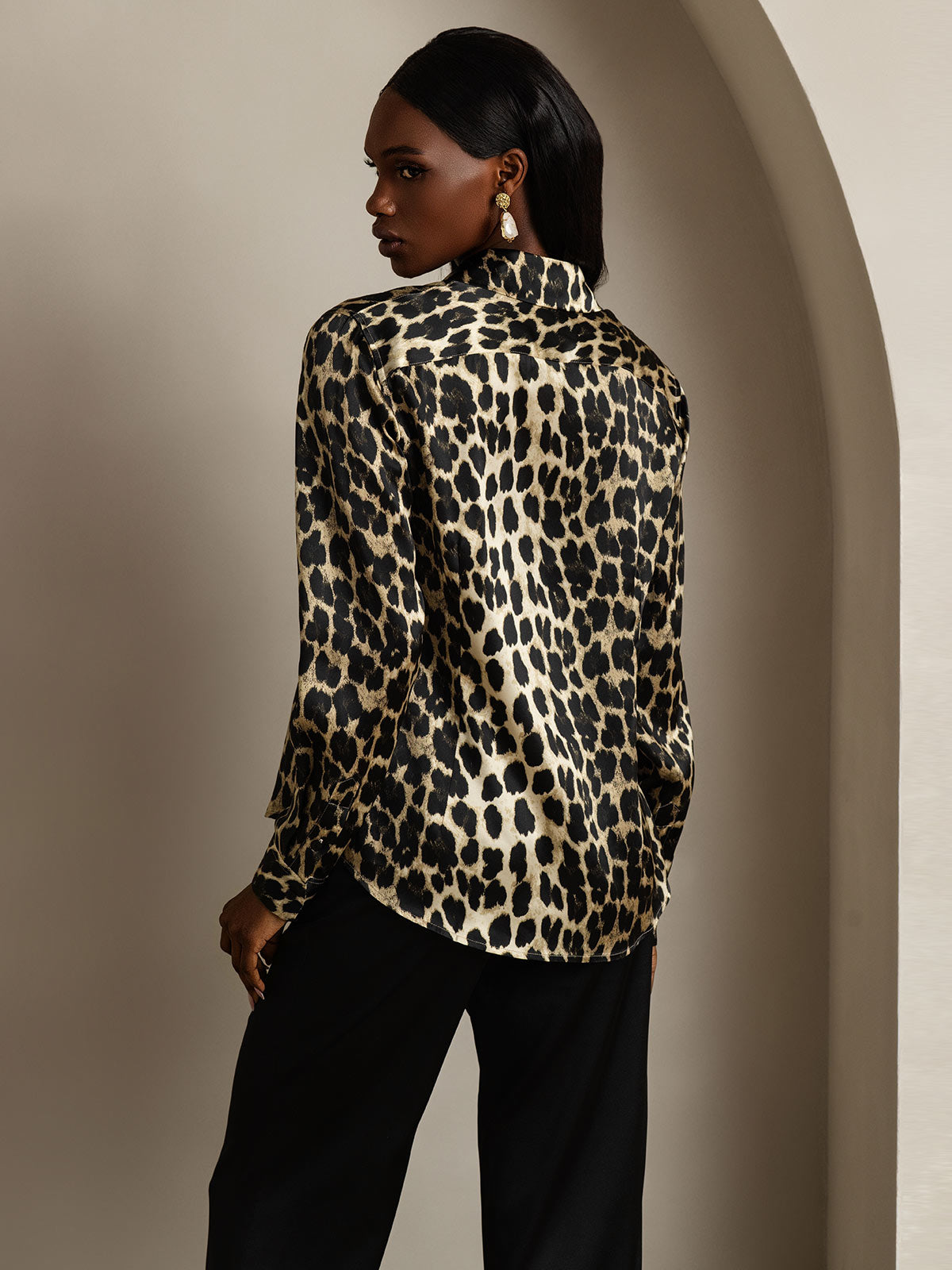 SilkSilky-AU Silk Long Sleeve Collar Women's Shirt Leopard 002