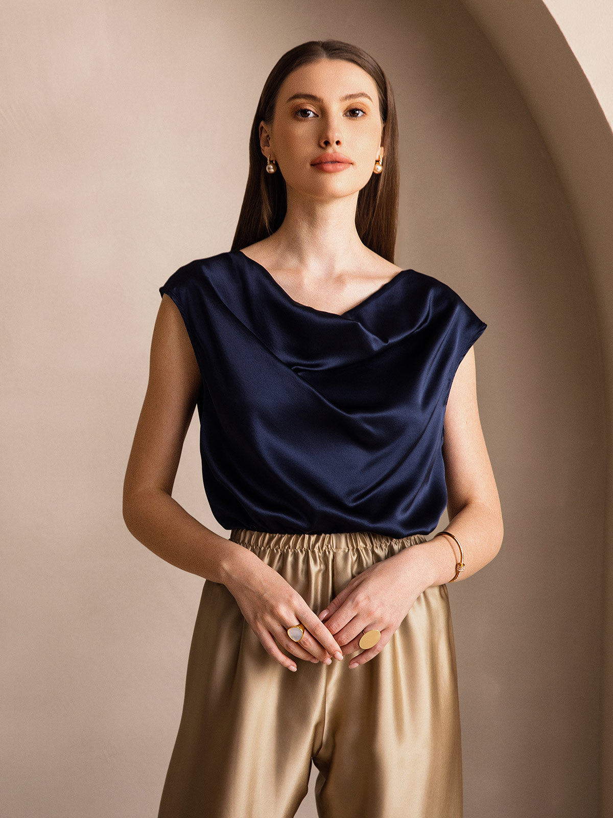 [Dark Blue] SilkSilky-AU 19Momme Silk Sleeveless Cowl Neck Women's T-Shirt 003