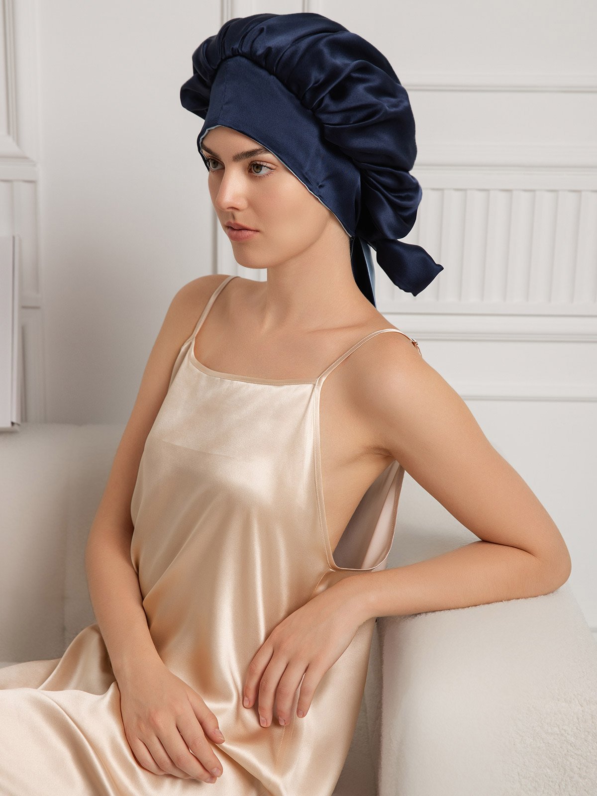 SilkSilky-AU Pure Silk Sleep Cap DarkBlue 004