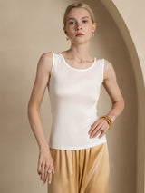 [White] SilkSilky-AU 100% Silk Jersey Sleeveless Round Neck Women's T-Shirt 003