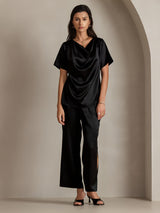 [Black] SilkSilky-AU Short Sleeve Cowl Neck Women's Blouse 004
