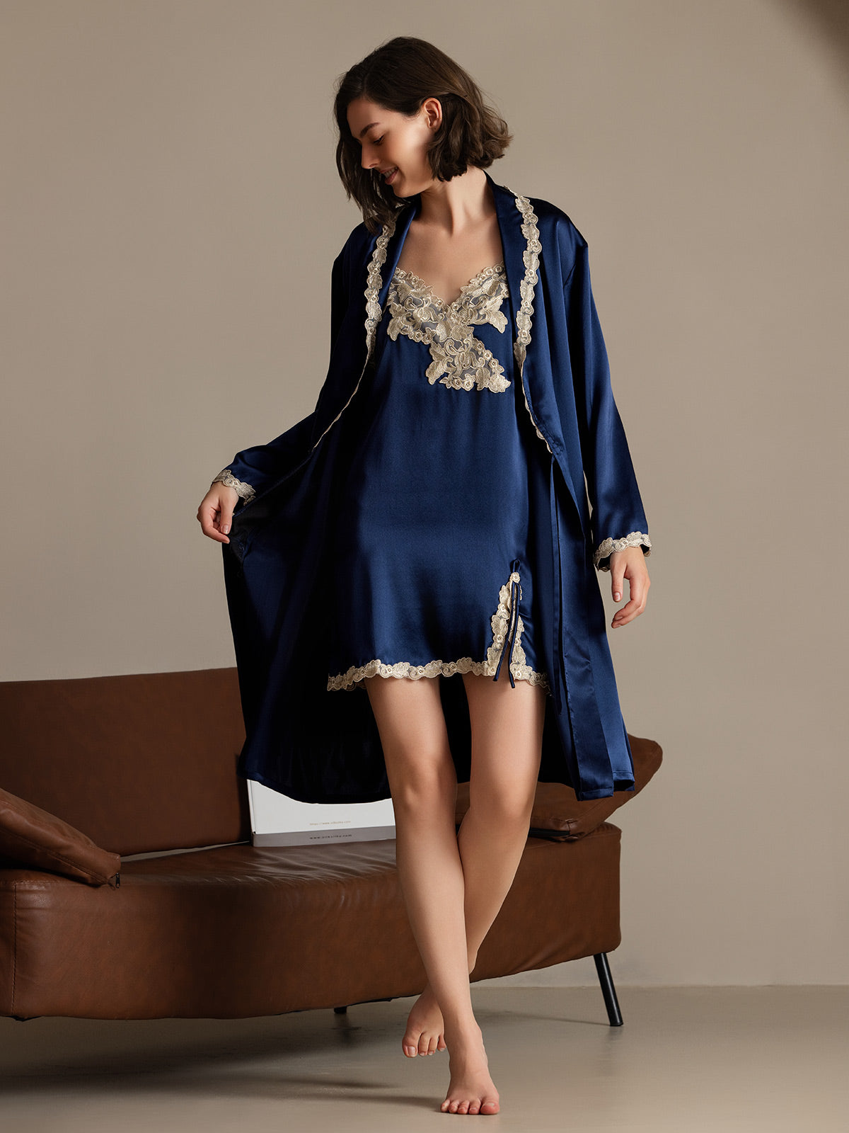 SilkSilky-AU Pure Silk Long Sleeve V Neck Nightgown&Dressing Gown Set DarkBlue 001