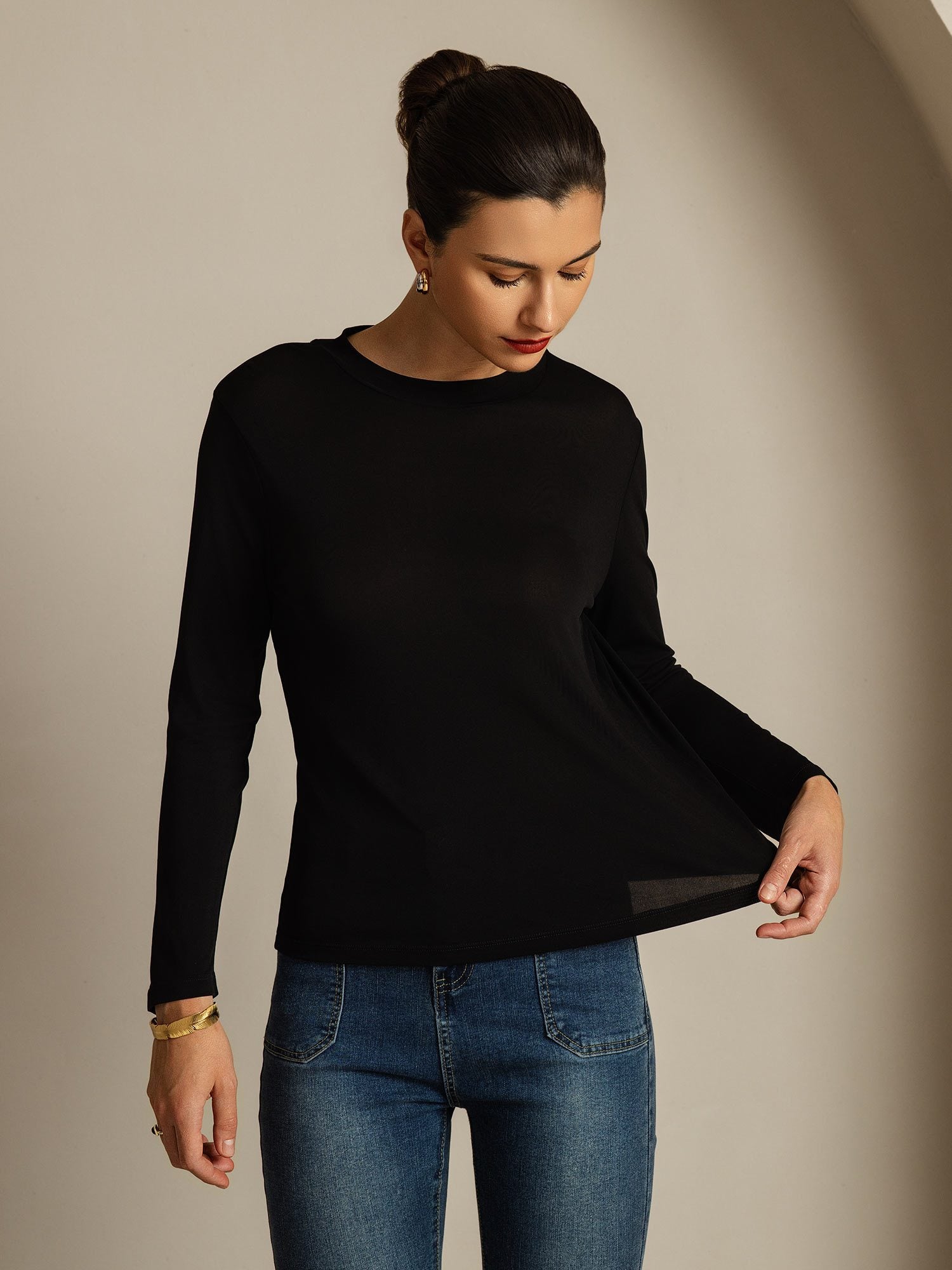 [Black] SilkSilky-AU Pure Silk Round Neck Women's T-Shirt 003