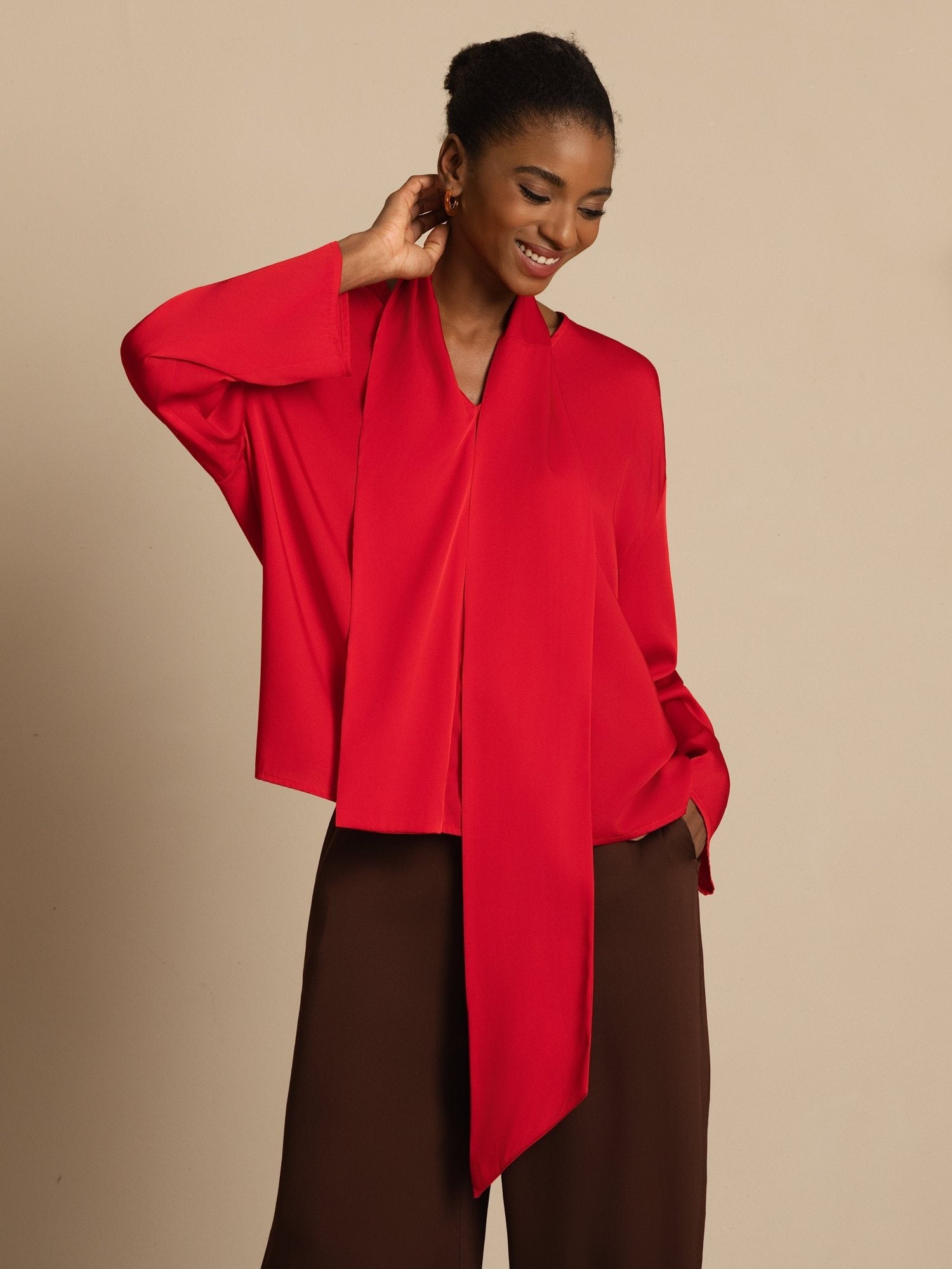 [Wine] SilkSilky-AU 19Momme Stretch Silk Double Georgette Long Sleeve V Neck Blouse 002